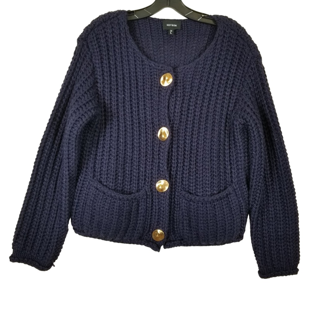 Heyson Navy Blue Chunky Ribbed Knit Cardigan Gold Button Front LSW1011 Large